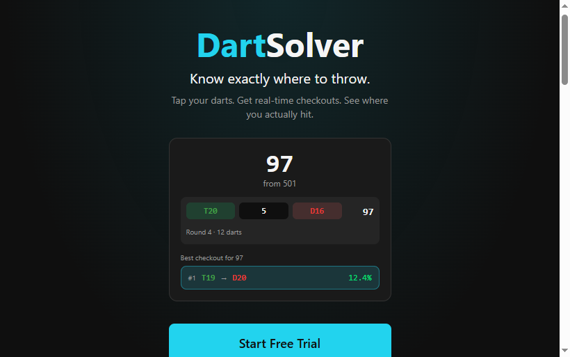 DartSolver scoreboard showing 97 remaining from 501, the three darts thrown that round, and the best ranked checkout of T19 into D20